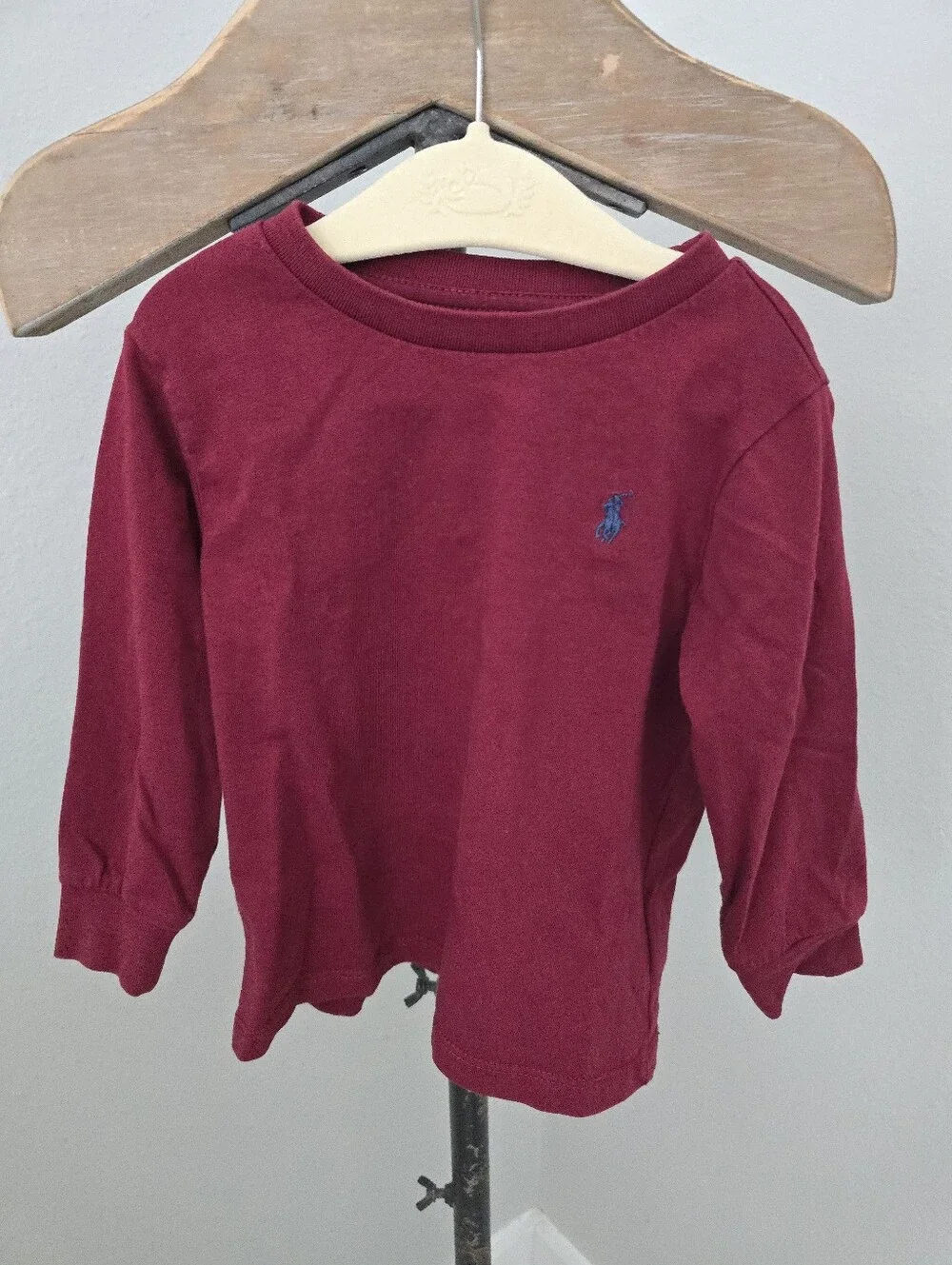 Ralph Lauren Burgundy Dark Red Wine Long-Sleeve Polo Tee with Navy Pony 18 Month